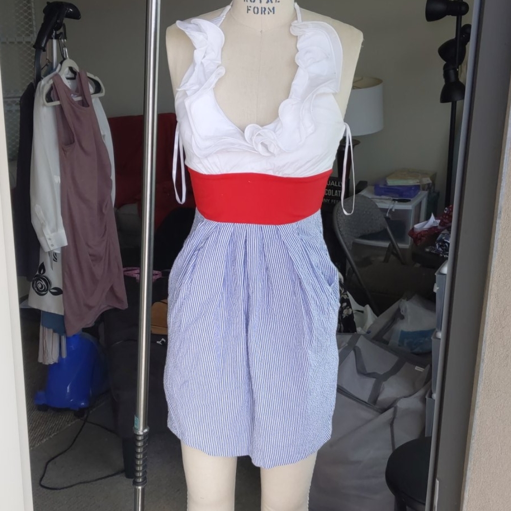 B. Smart White, Red, and Blue Mini Dress